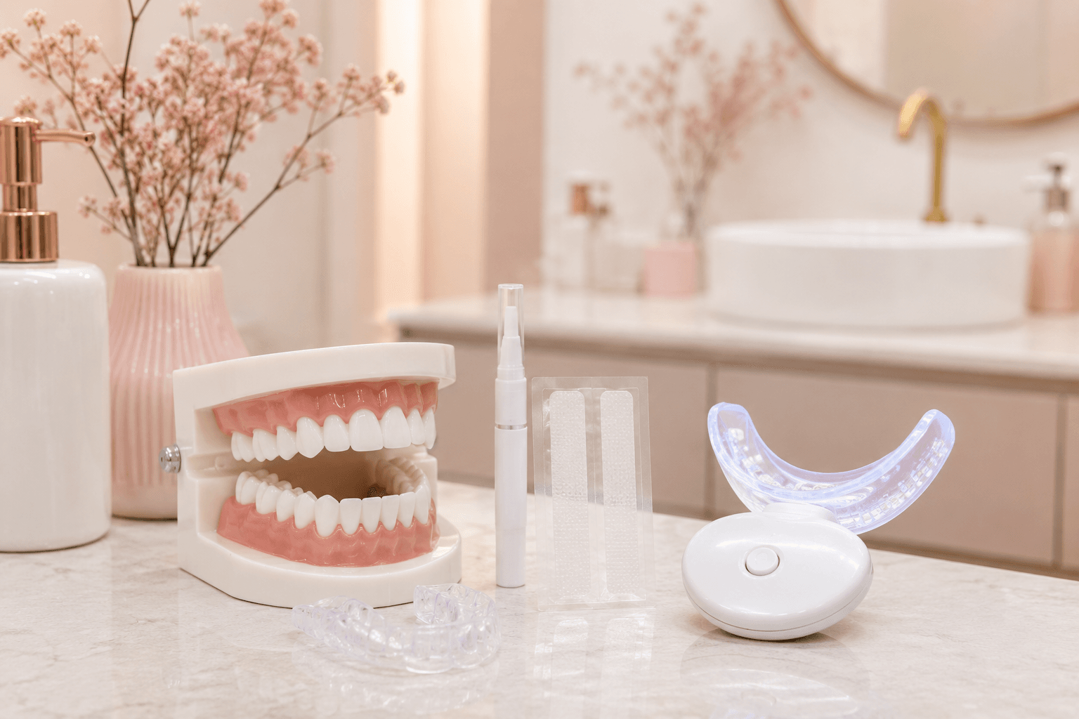 An assortment of shop-bought whitening products — a gel pen, strips, a mouth tray and an LED device on a bathroom counter
